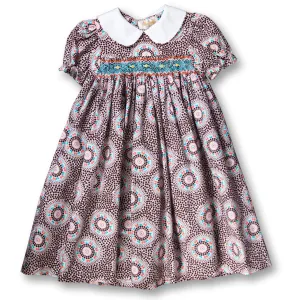 Brown & Pink Dotted Swirl Smocked Baby Dress w/Peter Pan Collar