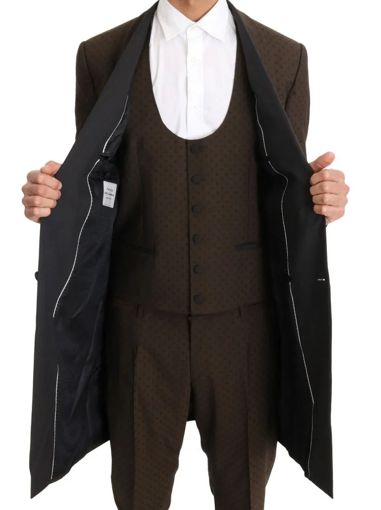 Brown Wool Stretch Long 3 Piece Suit