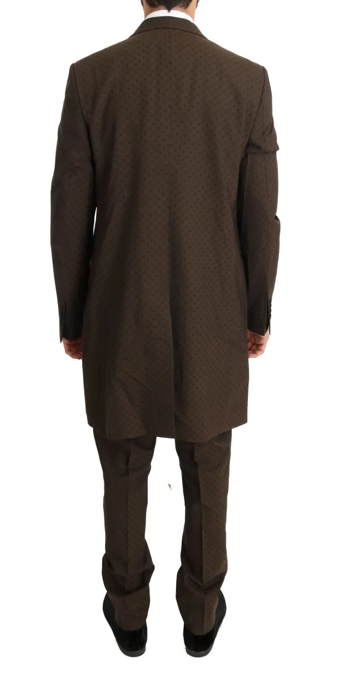 Brown Wool Stretch Long 3 Piece Suit