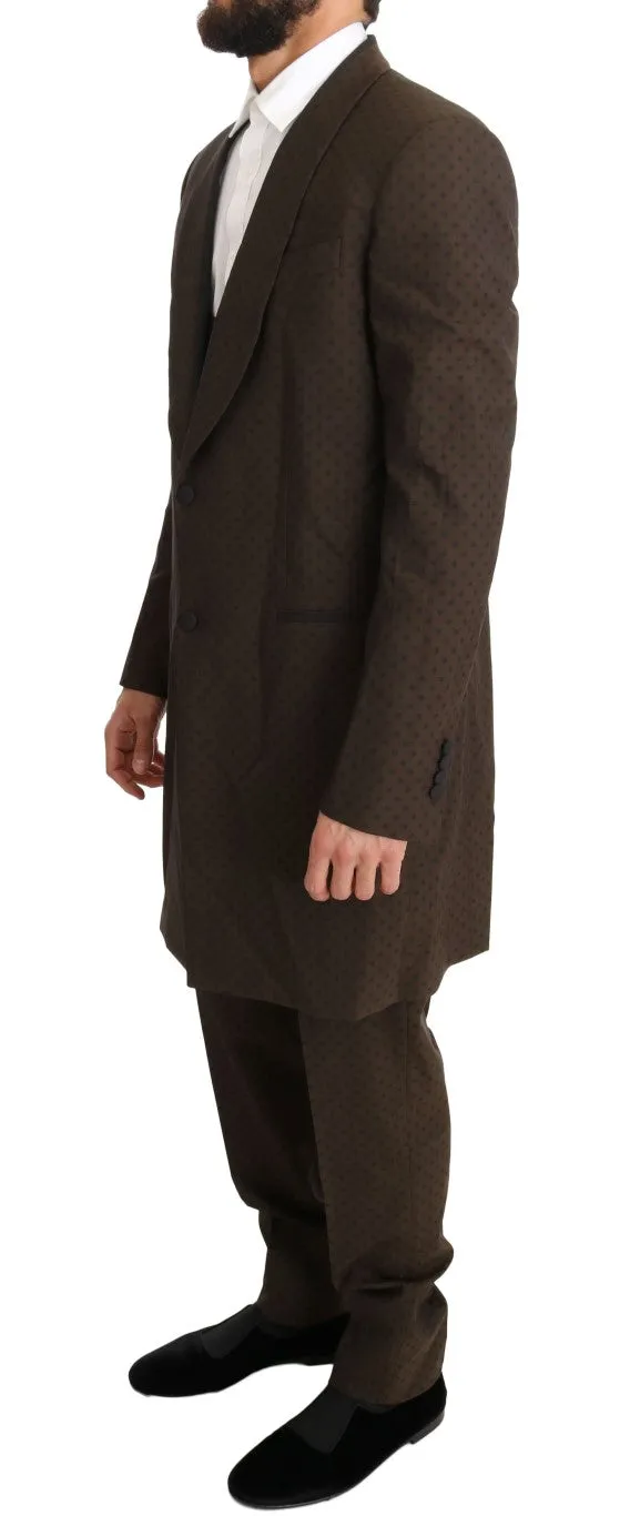 Brown Wool Stretch Long 3 Piece Suit