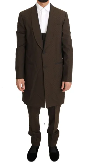 Brown Wool Stretch Long 3 Piece Suit