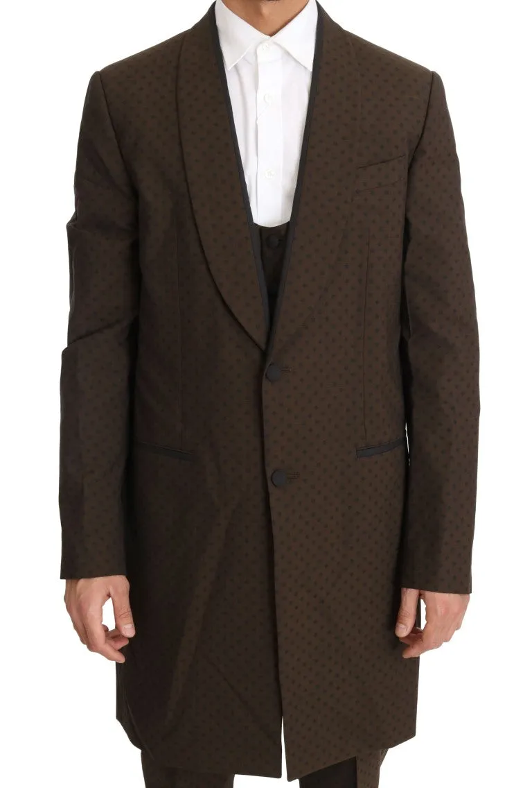 Brown Wool Stretch Long 3 Piece Suit