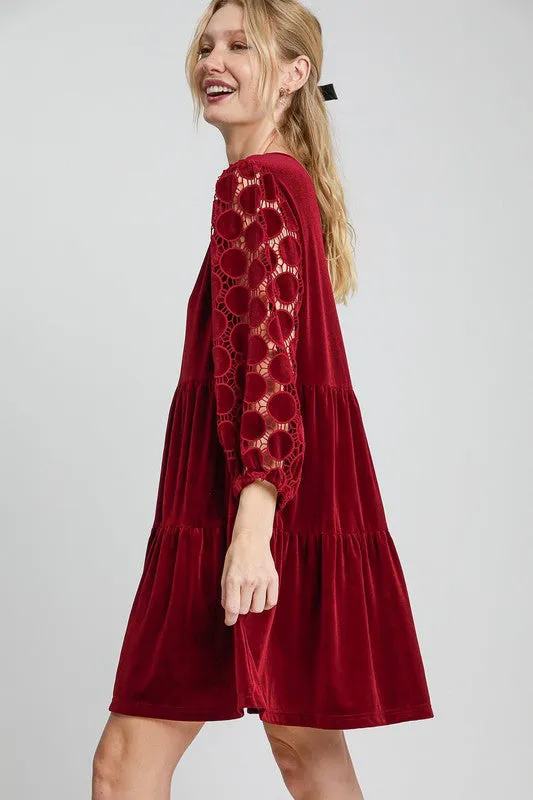 Burguncy Dotted Lace Sleeve Tiered Velvet Mini Dress