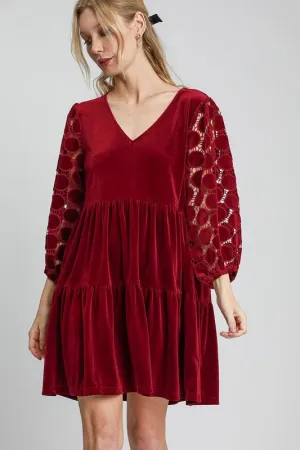 Burguncy Dotted Lace Sleeve Tiered Velvet Mini Dress
