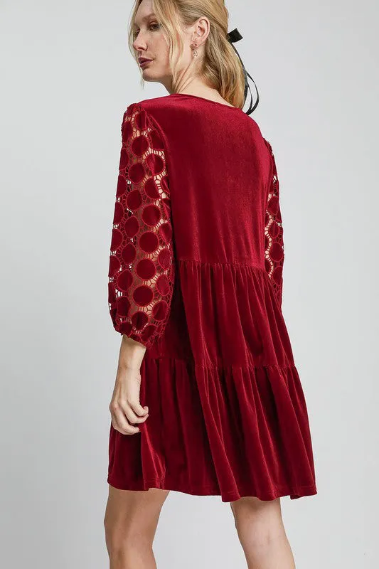 Burguncy Dotted Lace Sleeve Tiered Velvet Mini Dress