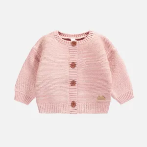 Cardigan de tricot rose chiné effet angora, naissance || Angora-effect mottled pink knit cardigan, newborn