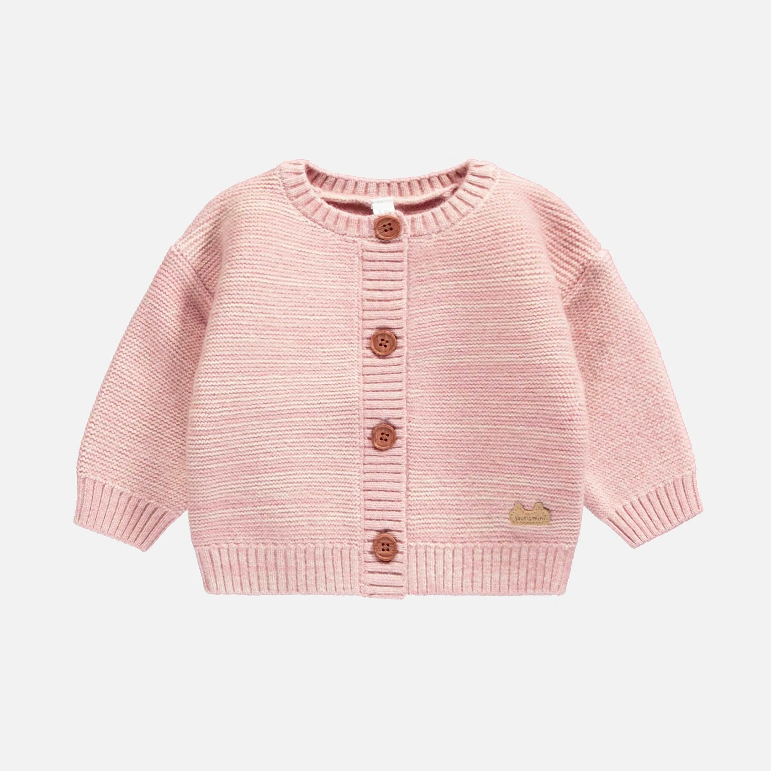 Cardigan de tricot rose chiné effet angora, naissance || Angora-effect mottled pink knit cardigan, newborn