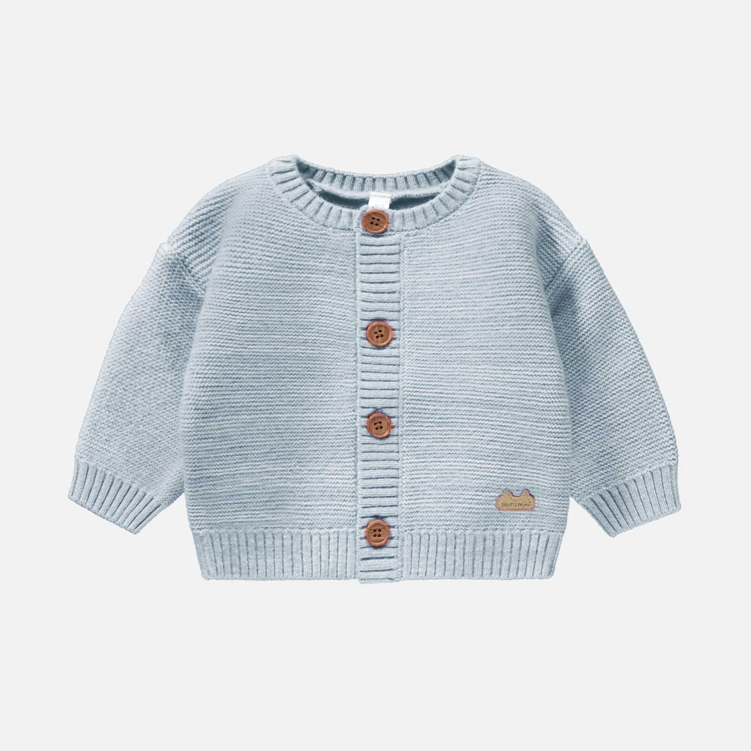 Cardigan en tricot bleu pâle chiné effet angora, naissance || Angora-effect knit cardigan in light blue mottled fabric, newborn
