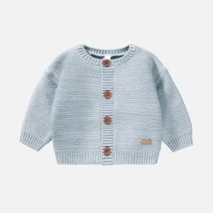 Cardigan en tricot bleu pâle chiné effet angora, naissance || Angora-effect knit cardigan in light blue mottled fabric, newborn