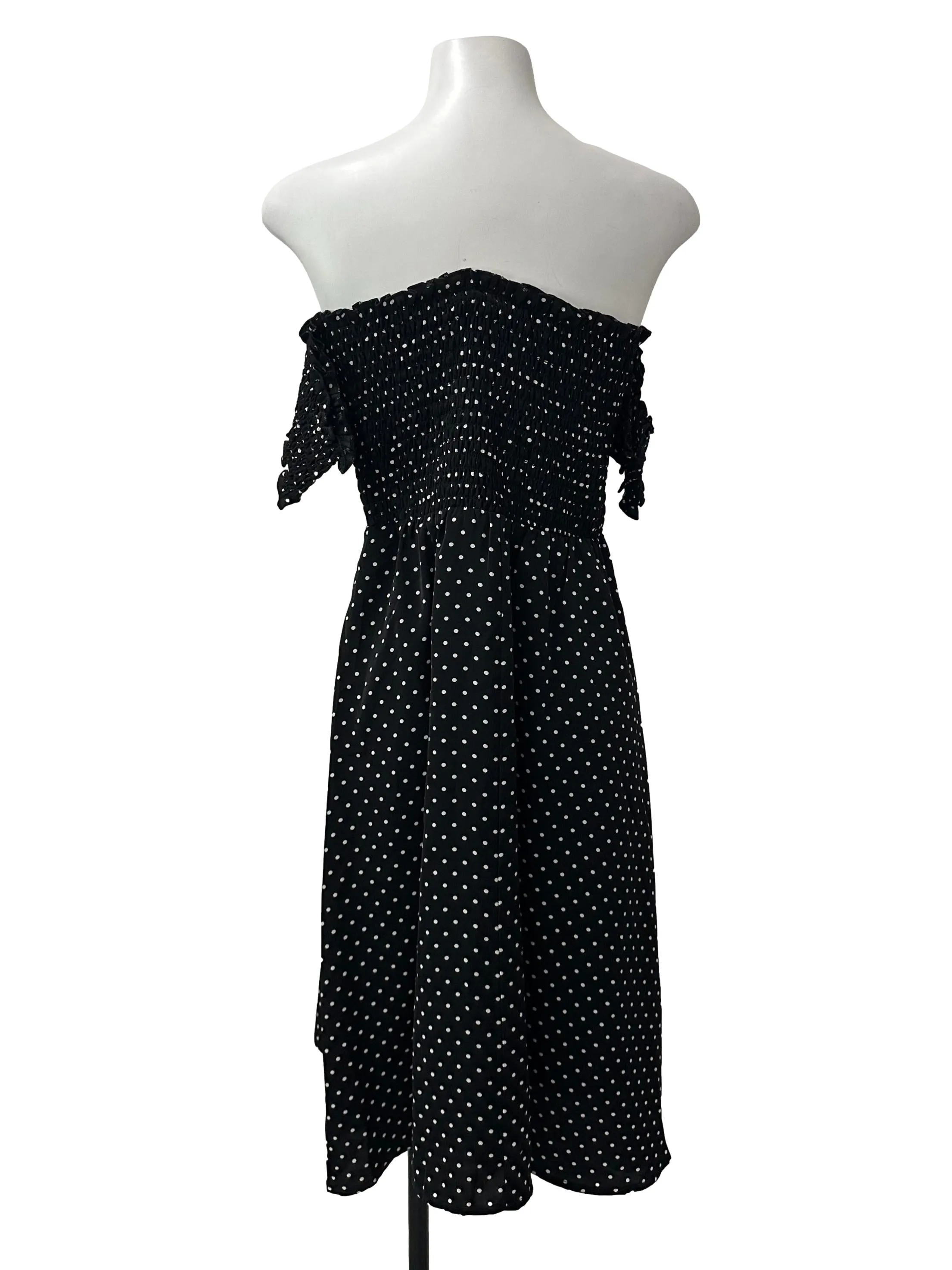 Charcoal Black Dotted Smocked Off Shoulder Dress