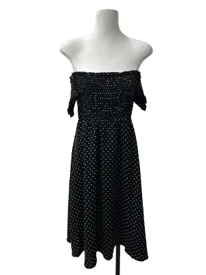 Charcoal Black Dotted Smocked Off Shoulder Dress
