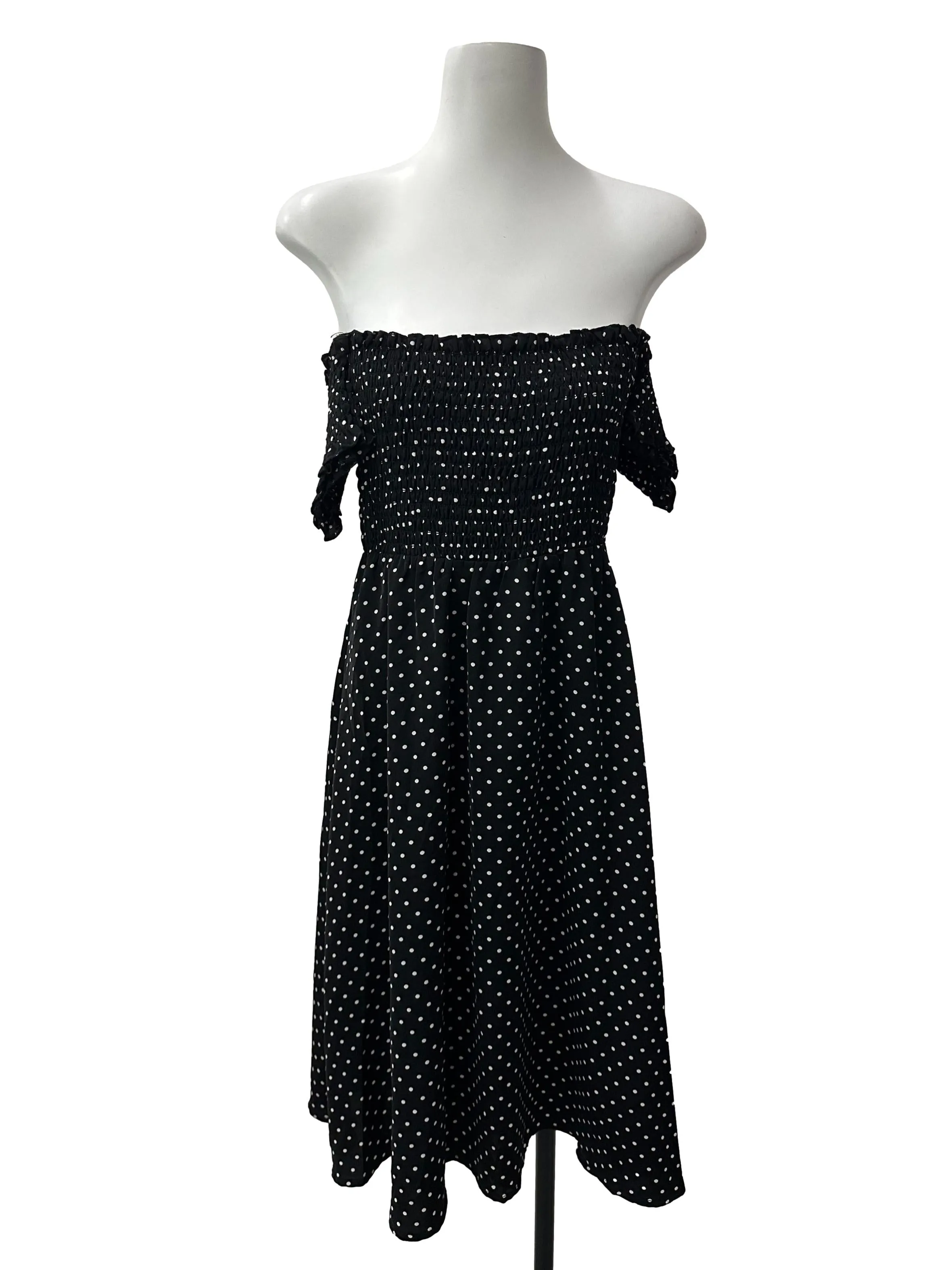 Charcoal Black Dotted Smocked Off Shoulder Dress