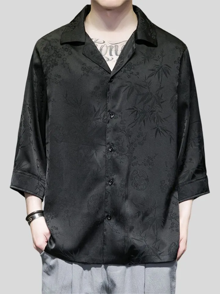 Chinese Style Bamboo Leaf Jacquard Men's V-Neck 3/4 Sleeve Shirt