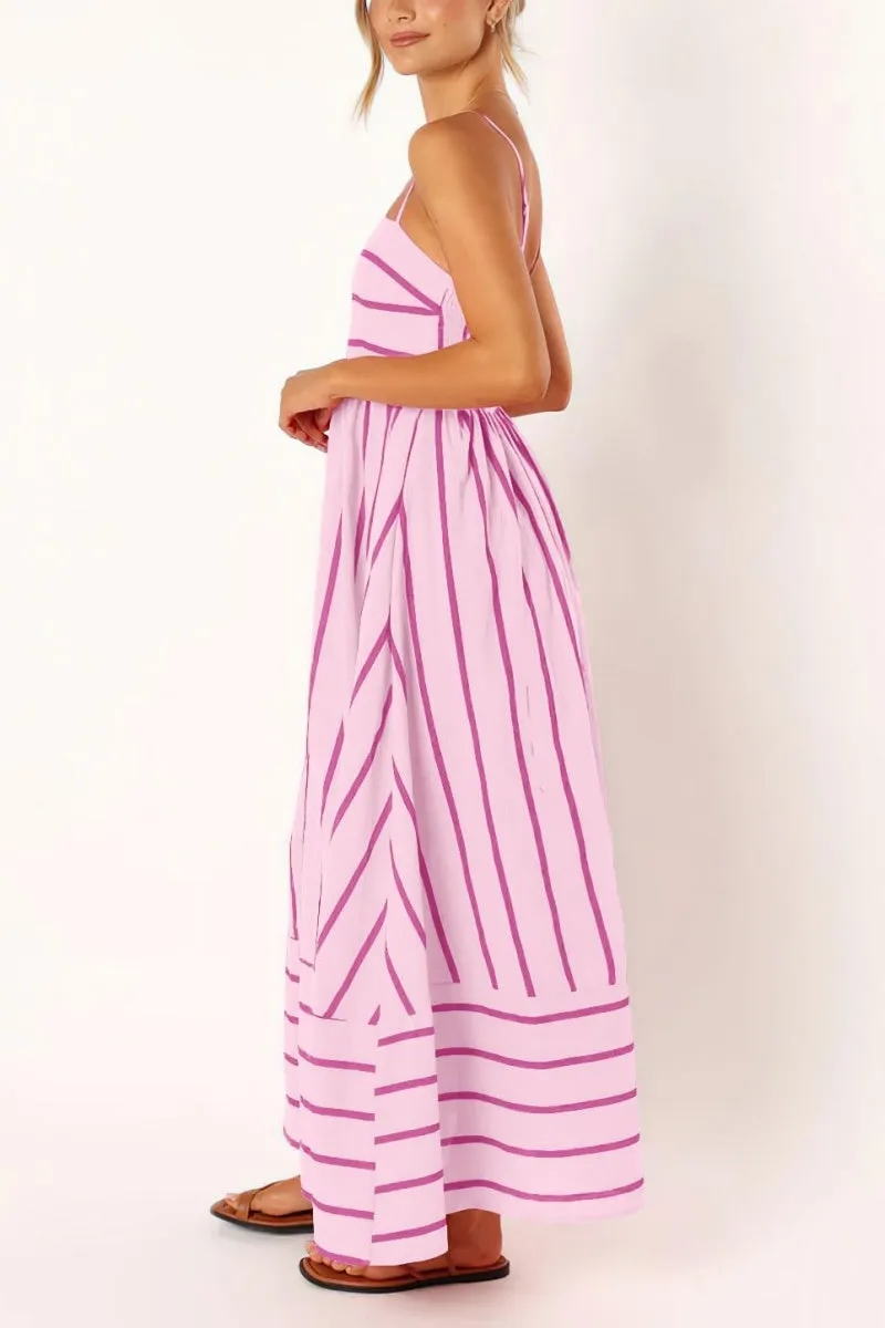 Chouyatou Women's Striped Back Smocked Maxi Dress Sexy Spaghetti Strap Cut Out Flowy Swing Long Dress