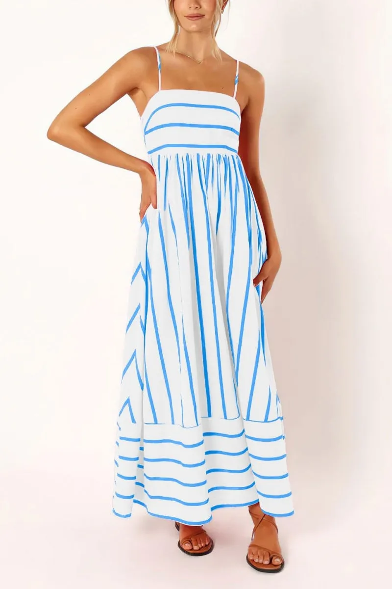 Chouyatou Women's Striped Back Smocked Maxi Dress Sexy Spaghetti Strap Cut Out Flowy Swing Long Dress