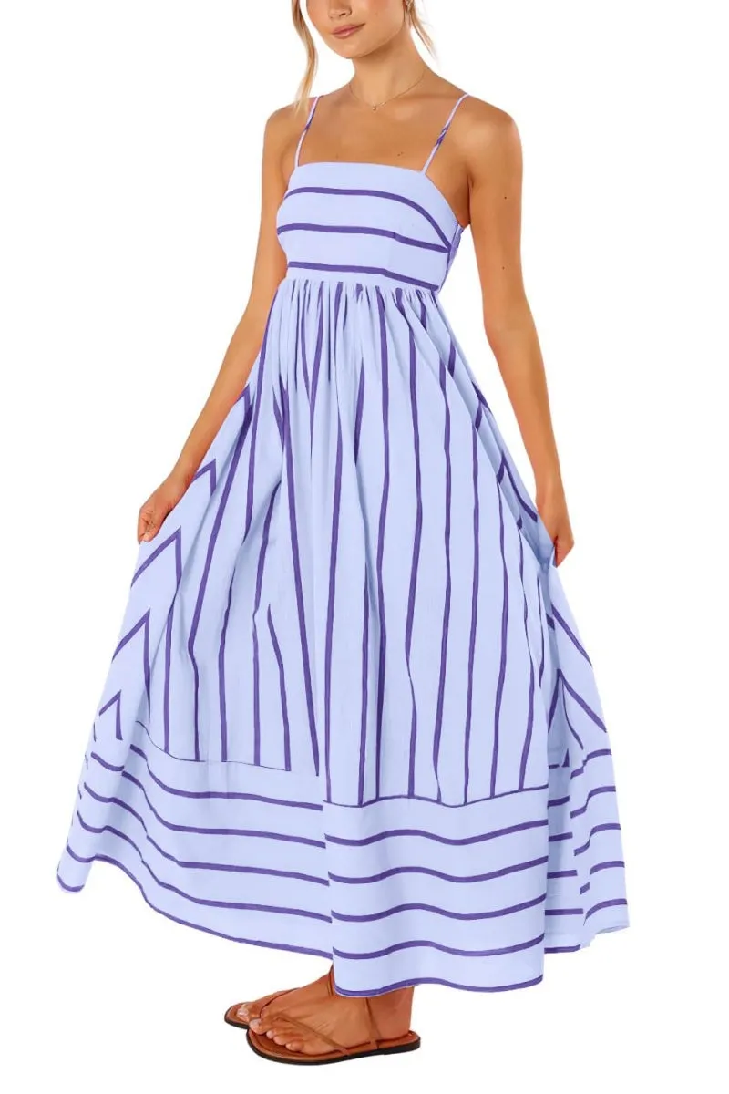 Chouyatou Women's Striped Back Smocked Maxi Dress Sexy Spaghetti Strap Cut Out Flowy Swing Long Dress