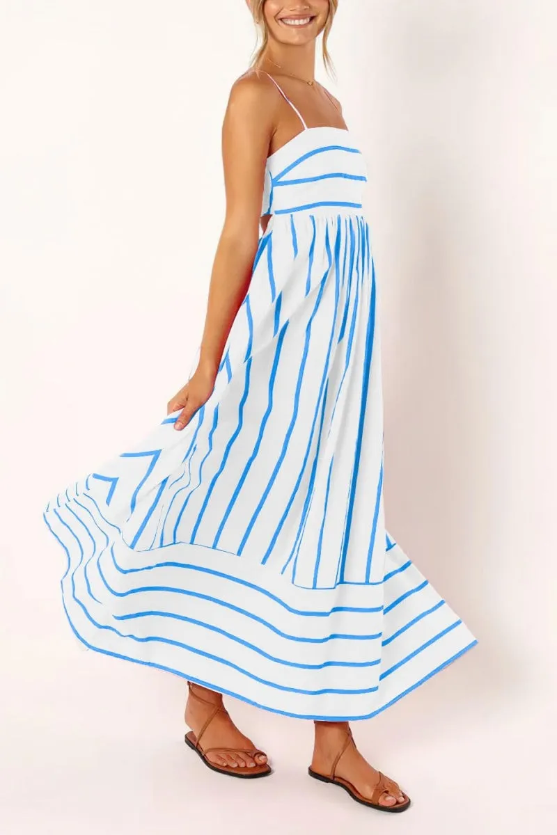 Chouyatou Women's Striped Back Smocked Maxi Dress Sexy Spaghetti Strap Cut Out Flowy Swing Long Dress