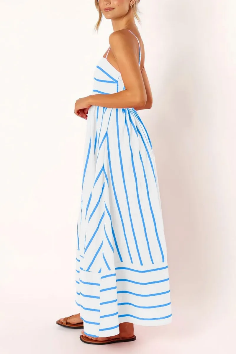 Chouyatou Women's Striped Back Smocked Maxi Dress Sexy Spaghetti Strap Cut Out Flowy Swing Long Dress