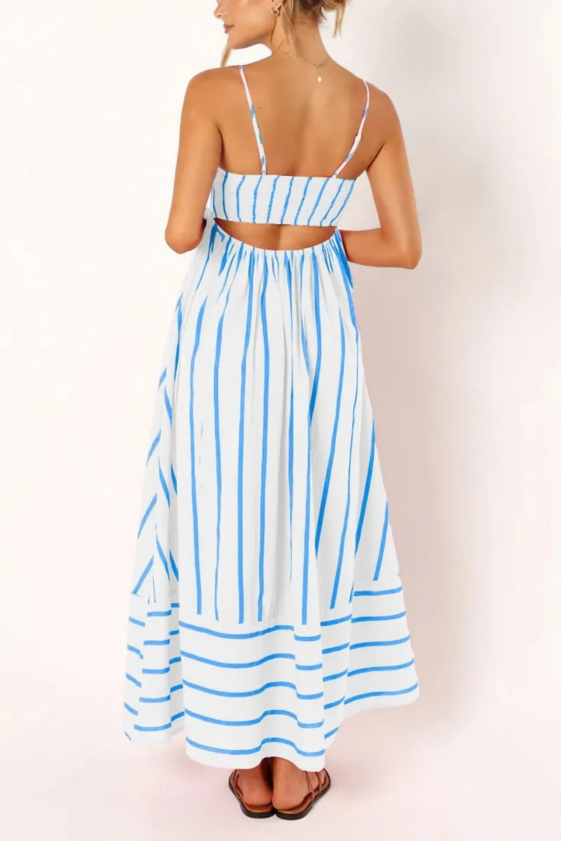 Chouyatou Women's Striped Back Smocked Maxi Dress Sexy Spaghetti Strap Cut Out Flowy Swing Long Dress
