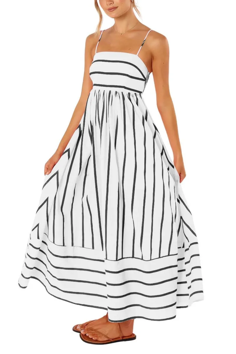 Chouyatou Women's Striped Back Smocked Maxi Dress Sexy Spaghetti Strap Cut Out Flowy Swing Long Dress