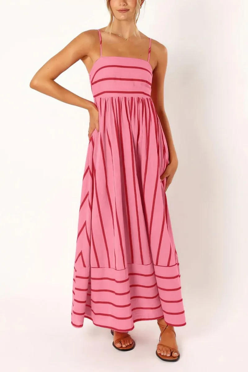 Chouyatou Women's Striped Back Smocked Maxi Dress Sexy Spaghetti Strap Cut Out Flowy Swing Long Dress