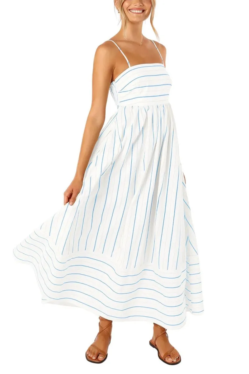 Chouyatou Women's Striped Back Smocked Maxi Dress Sexy Spaghetti Strap Cut Out Flowy Swing Long Dress