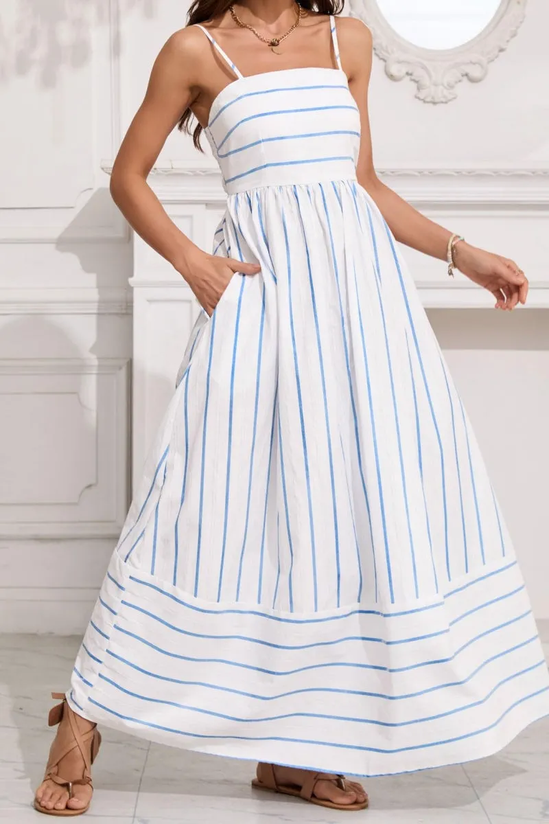 Chouyatou Women's Striped Back Smocked Maxi Dress Sexy Spaghetti Strap Cut Out Flowy Swing Long Dress