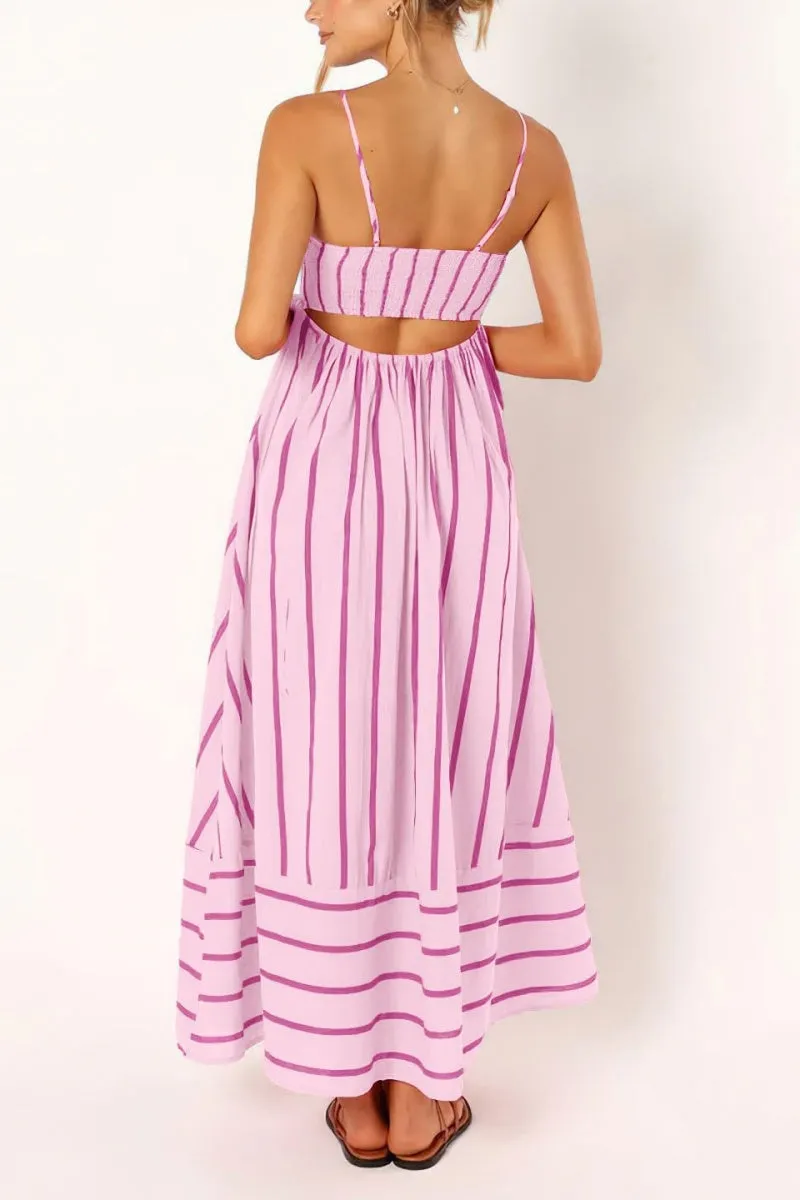 Chouyatou Women's Striped Back Smocked Maxi Dress Sexy Spaghetti Strap Cut Out Flowy Swing Long Dress