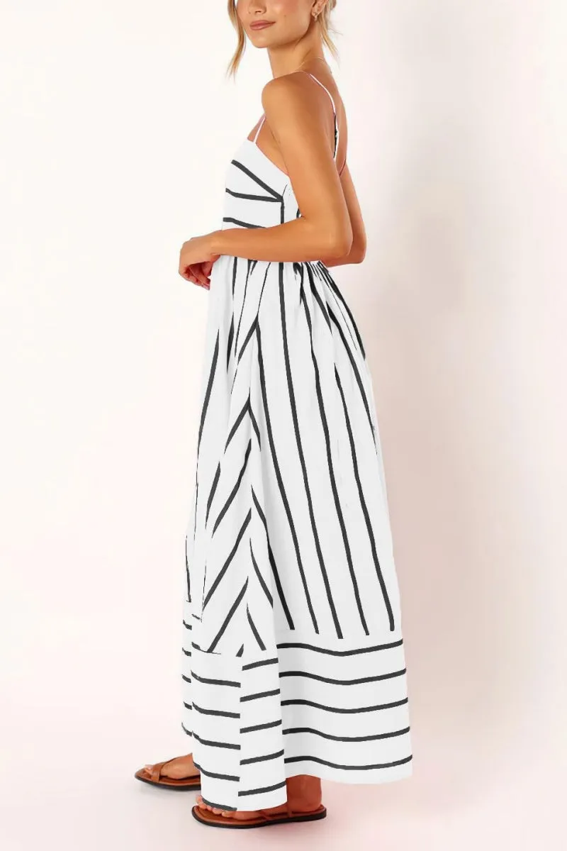 Chouyatou Women's Striped Back Smocked Maxi Dress Sexy Spaghetti Strap Cut Out Flowy Swing Long Dress