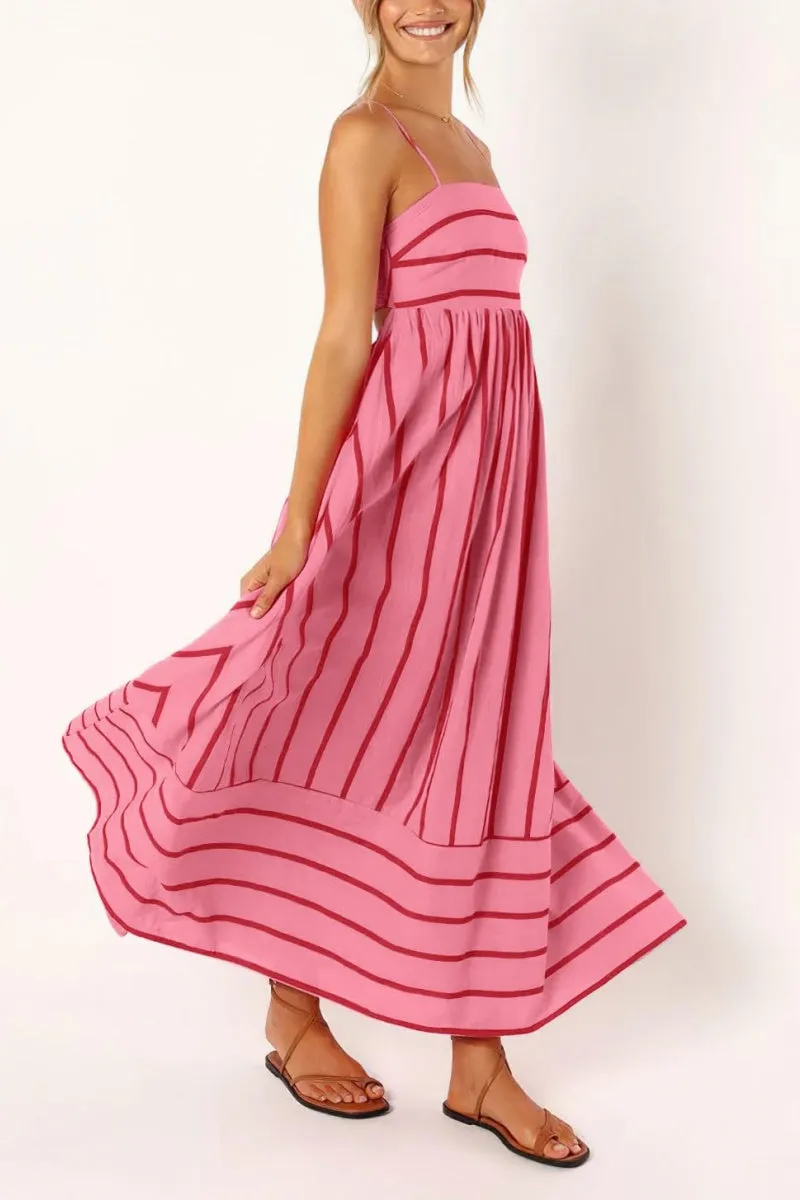 Chouyatou Women's Striped Back Smocked Maxi Dress Sexy Spaghetti Strap Cut Out Flowy Swing Long Dress