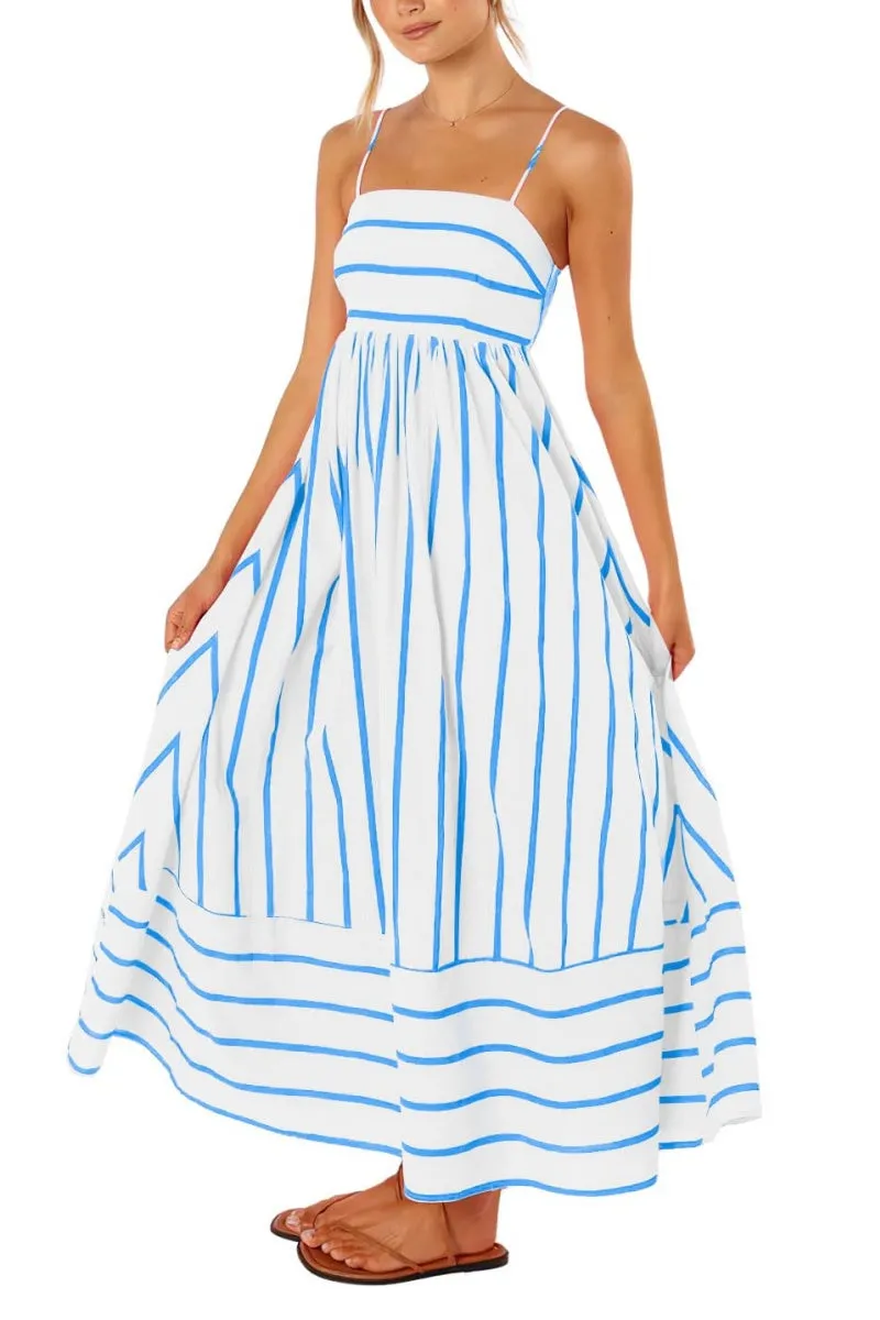 Chouyatou Women's Striped Back Smocked Maxi Dress Sexy Spaghetti Strap Cut Out Flowy Swing Long Dress