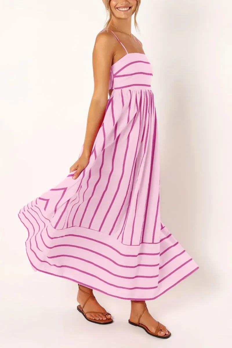 Chouyatou Women's Striped Back Smocked Maxi Dress Sexy Spaghetti Strap Cut Out Flowy Swing Long Dress