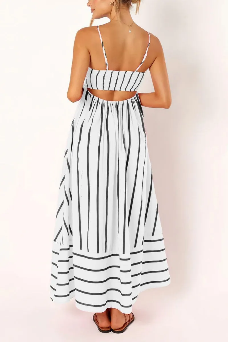 Chouyatou Women's Striped Back Smocked Maxi Dress Sexy Spaghetti Strap Cut Out Flowy Swing Long Dress