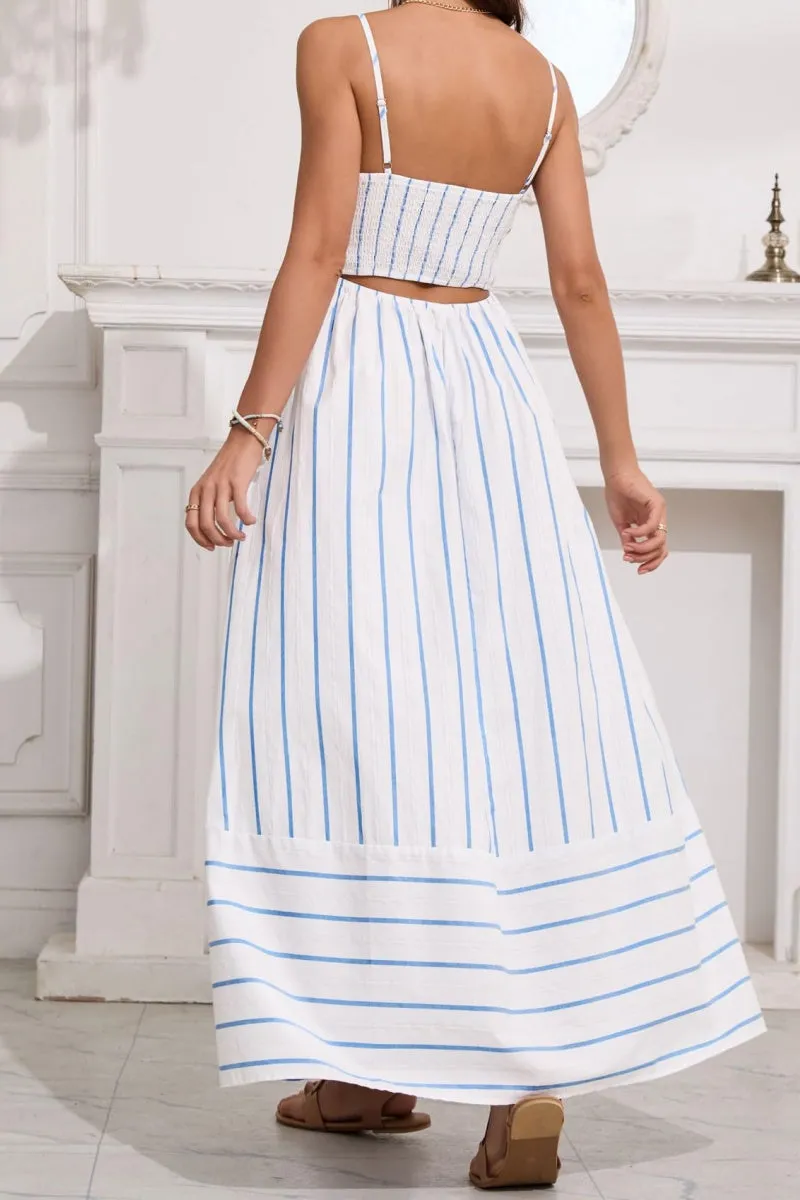 Chouyatou Women's Striped Back Smocked Maxi Dress Sexy Spaghetti Strap Cut Out Flowy Swing Long Dress