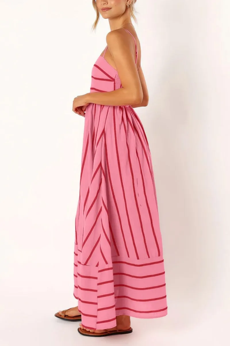 Chouyatou Women's Striped Back Smocked Maxi Dress Sexy Spaghetti Strap Cut Out Flowy Swing Long Dress
