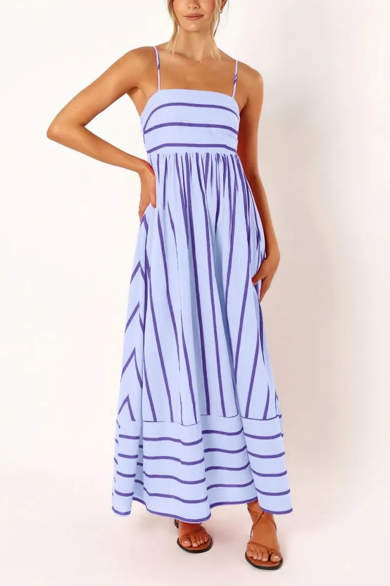 Chouyatou Women's Striped Back Smocked Maxi Dress Sexy Spaghetti Strap Cut Out Flowy Swing Long Dress