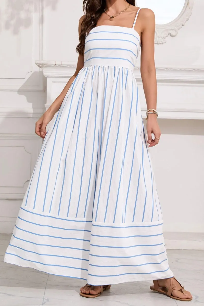 Chouyatou Women's Striped Back Smocked Maxi Dress Sexy Spaghetti Strap Cut Out Flowy Swing Long Dress