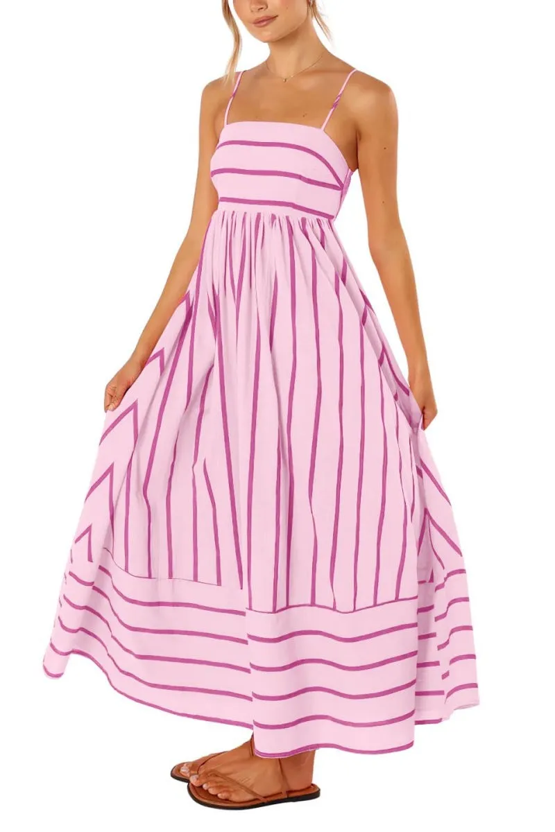 Chouyatou Women's Striped Back Smocked Maxi Dress Sexy Spaghetti Strap Cut Out Flowy Swing Long Dress