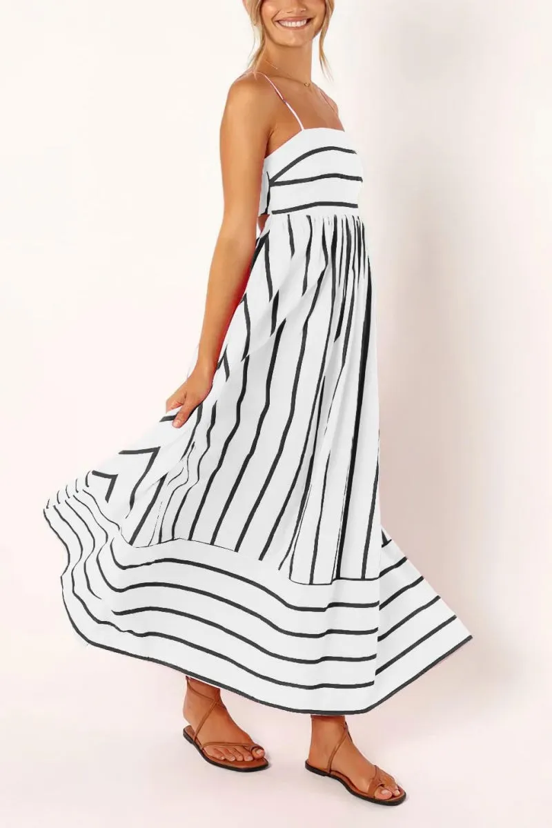 Chouyatou Women's Striped Back Smocked Maxi Dress Sexy Spaghetti Strap Cut Out Flowy Swing Long Dress