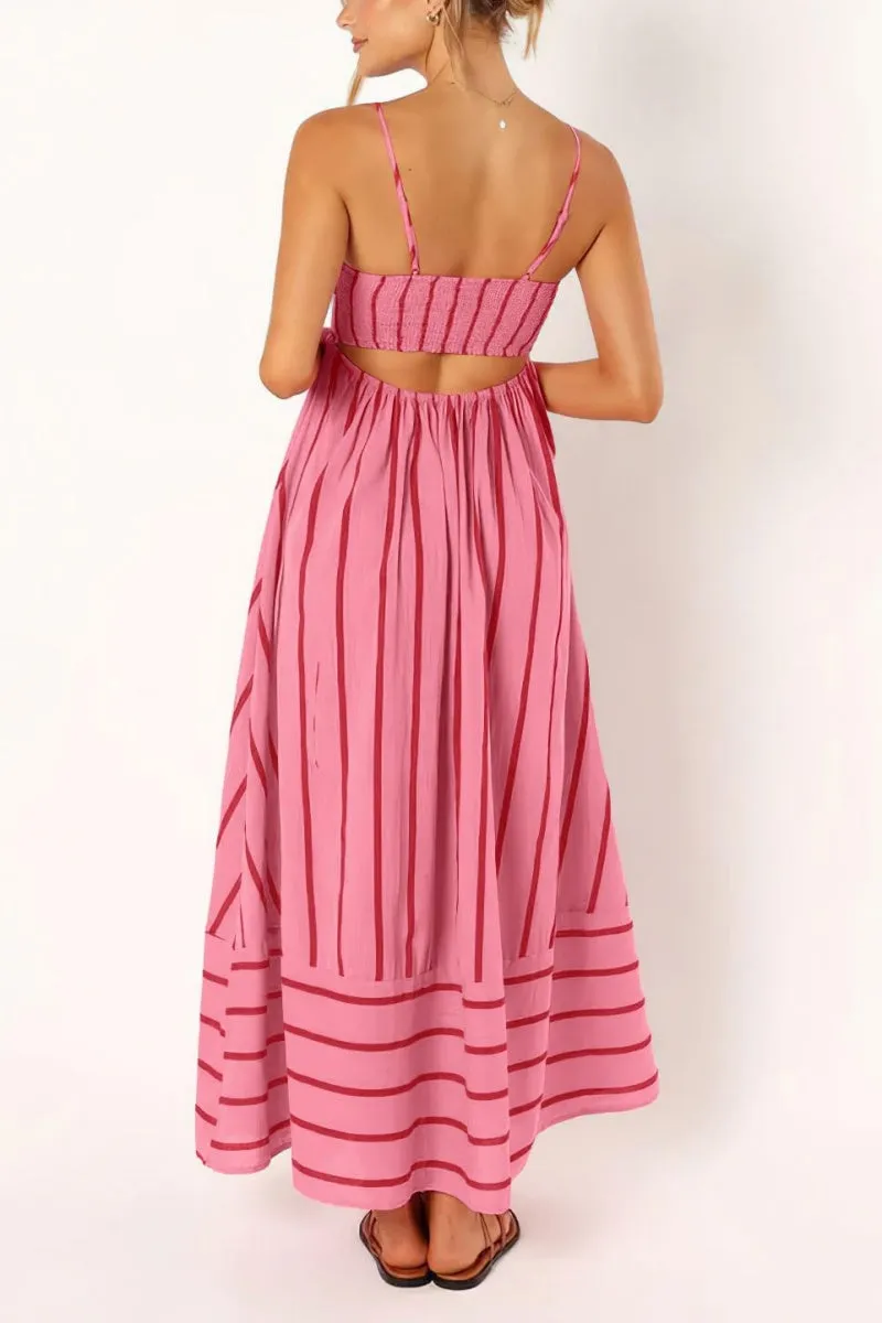 Chouyatou Women's Striped Back Smocked Maxi Dress Sexy Spaghetti Strap Cut Out Flowy Swing Long Dress