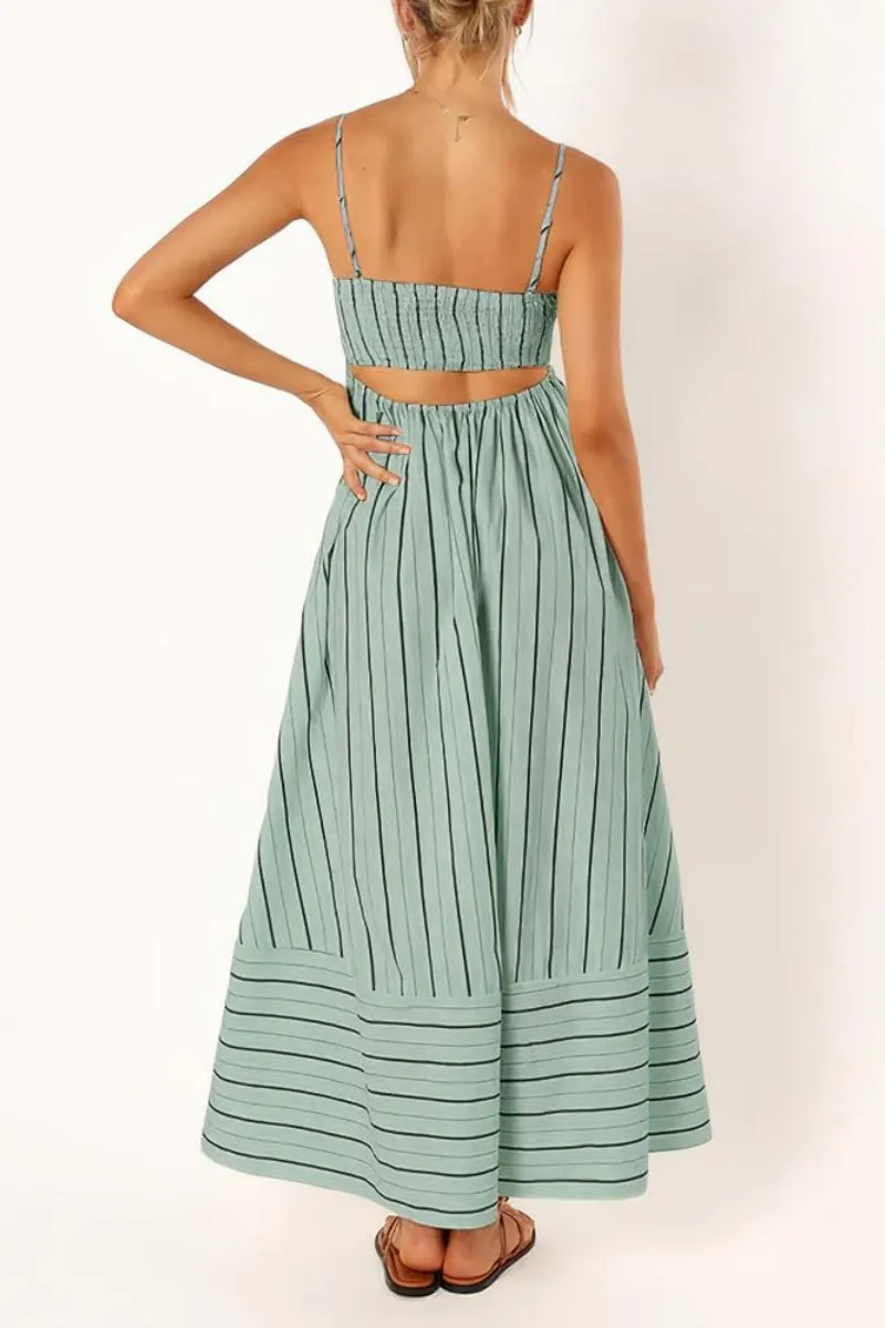 Chouyatou Women's Striped Back Smocked Maxi Dress Sexy Spaghetti Strap Cut Out Flowy Swing Long Dress