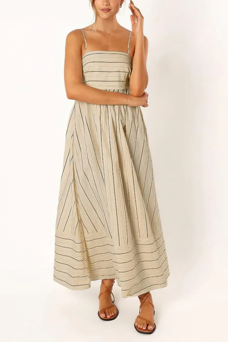 Chouyatou Women's Striped Back Smocked Maxi Dress Sexy Spaghetti Strap Cut Out Flowy Swing Long Dress