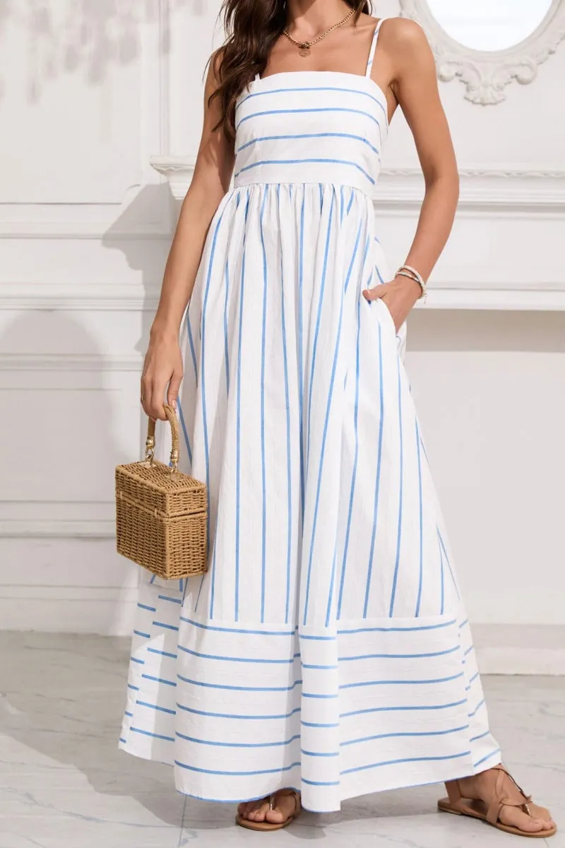 Chouyatou Women's Striped Back Smocked Maxi Dress Sexy Spaghetti Strap Cut Out Flowy Swing Long Dress