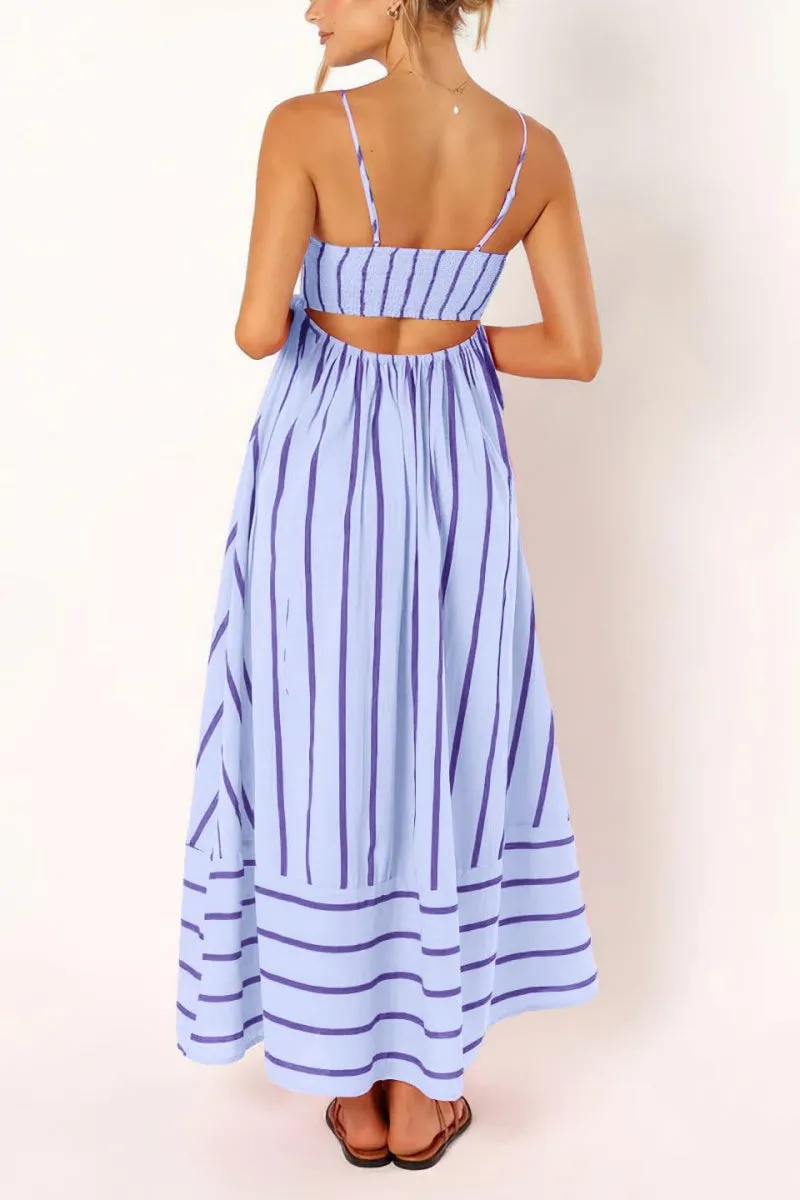 Chouyatou Women's Striped Back Smocked Maxi Dress Sexy Spaghetti Strap Cut Out Flowy Swing Long Dress