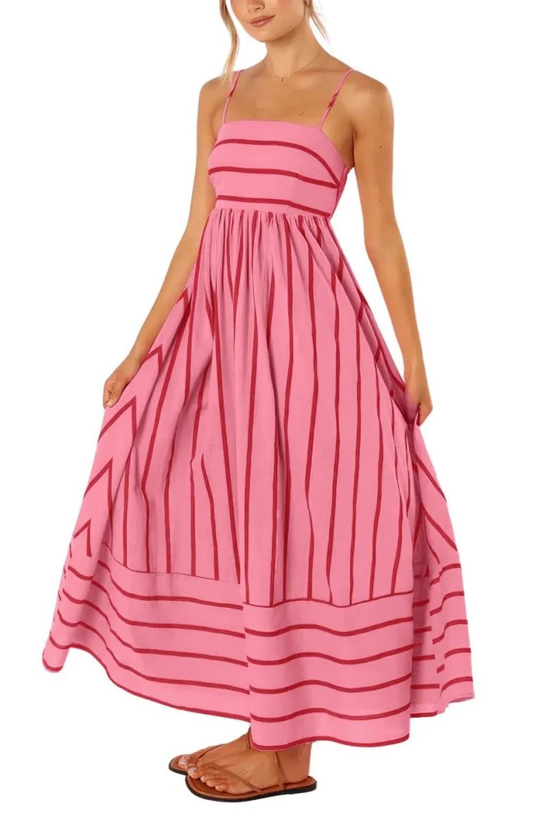 Chouyatou Women's Striped Back Smocked Maxi Dress Sexy Spaghetti Strap Cut Out Flowy Swing Long Dress
