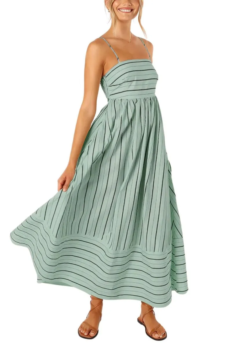 Chouyatou Women's Striped Back Smocked Maxi Dress Sexy Spaghetti Strap Cut Out Flowy Swing Long Dress