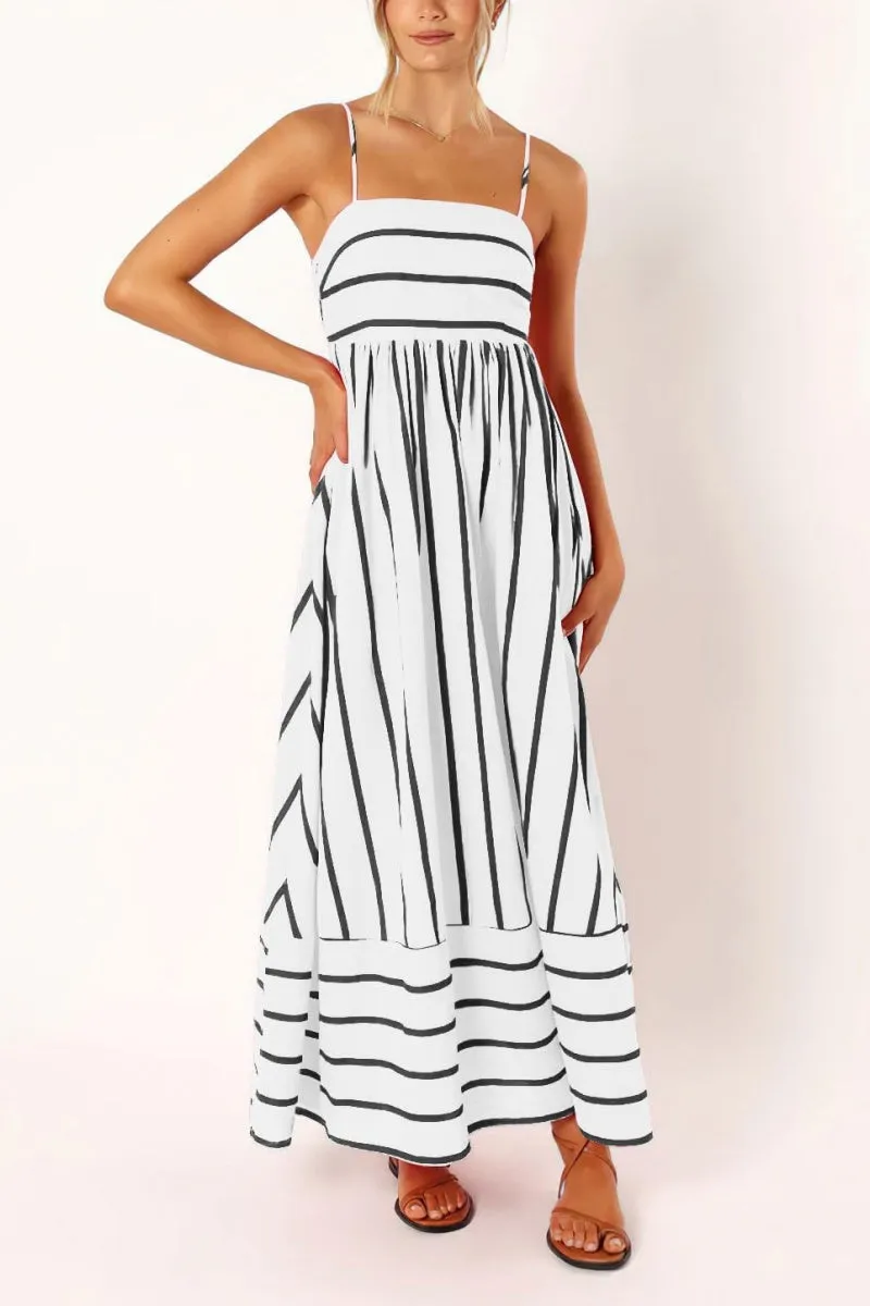 Chouyatou Women's Striped Back Smocked Maxi Dress Sexy Spaghetti Strap Cut Out Flowy Swing Long Dress