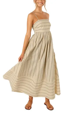 Chouyatou Women's Striped Back Smocked Maxi Dress Sexy Spaghetti Strap Cut Out Flowy Swing Long Dress
