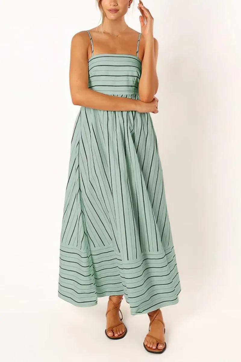Chouyatou Women's Striped Back Smocked Maxi Dress Sexy Spaghetti Strap Cut Out Flowy Swing Long Dress