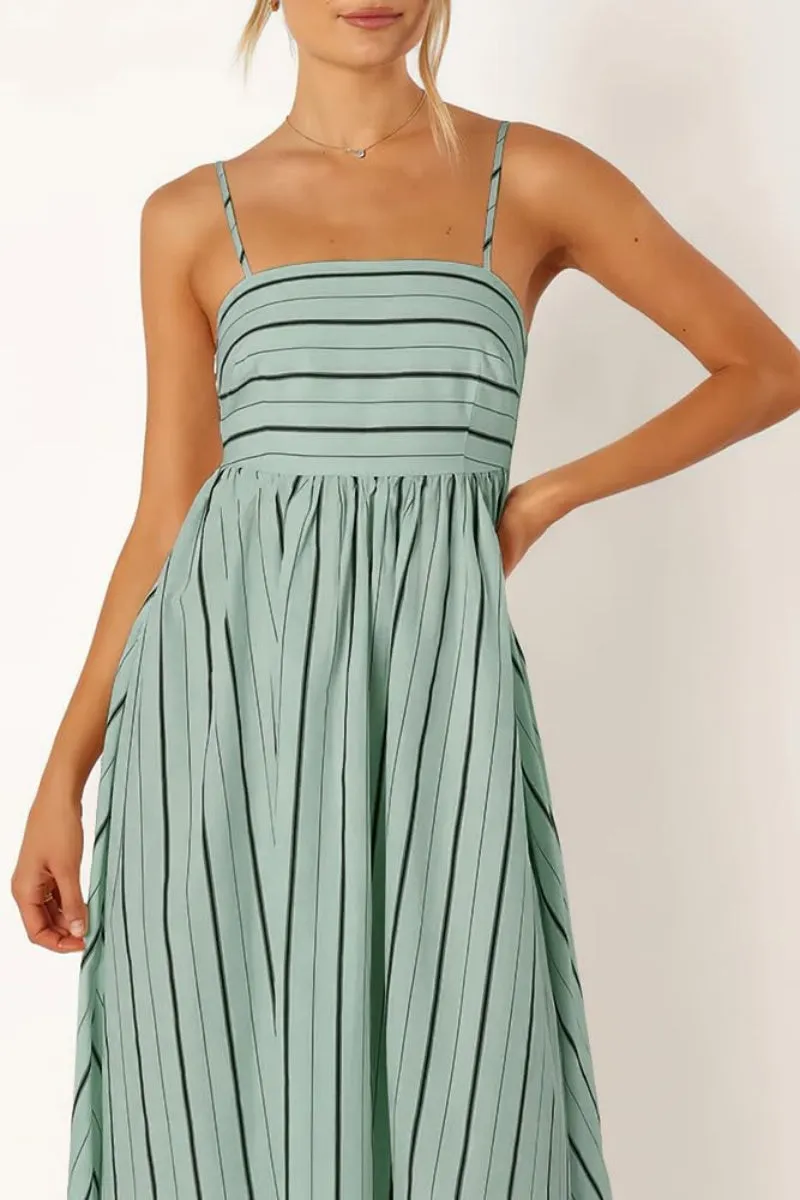 Chouyatou Women's Striped Back Smocked Maxi Dress Sexy Spaghetti Strap Cut Out Flowy Swing Long Dress